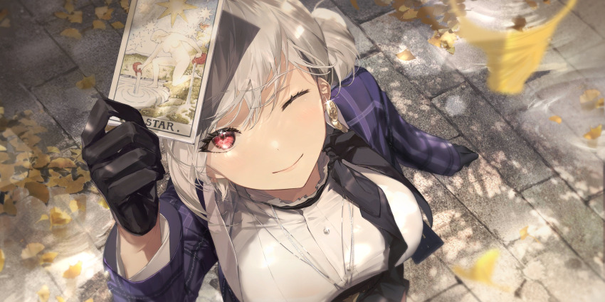 1girl black_gloves blue_jacket breasts card earrings from_above game_cg girls&#039;_frontline girls&#039;_frontline_neural_cloud gloves highres holding holding_card jacket jewelry laowei_shi_tu large_breasts official_art one_eye_closed rmb-93_(girls&#039;_frontline) sidewalk silver_necklace single_earring smile solo tarot tarot_card third-party_source yelena_(neural_cloud)