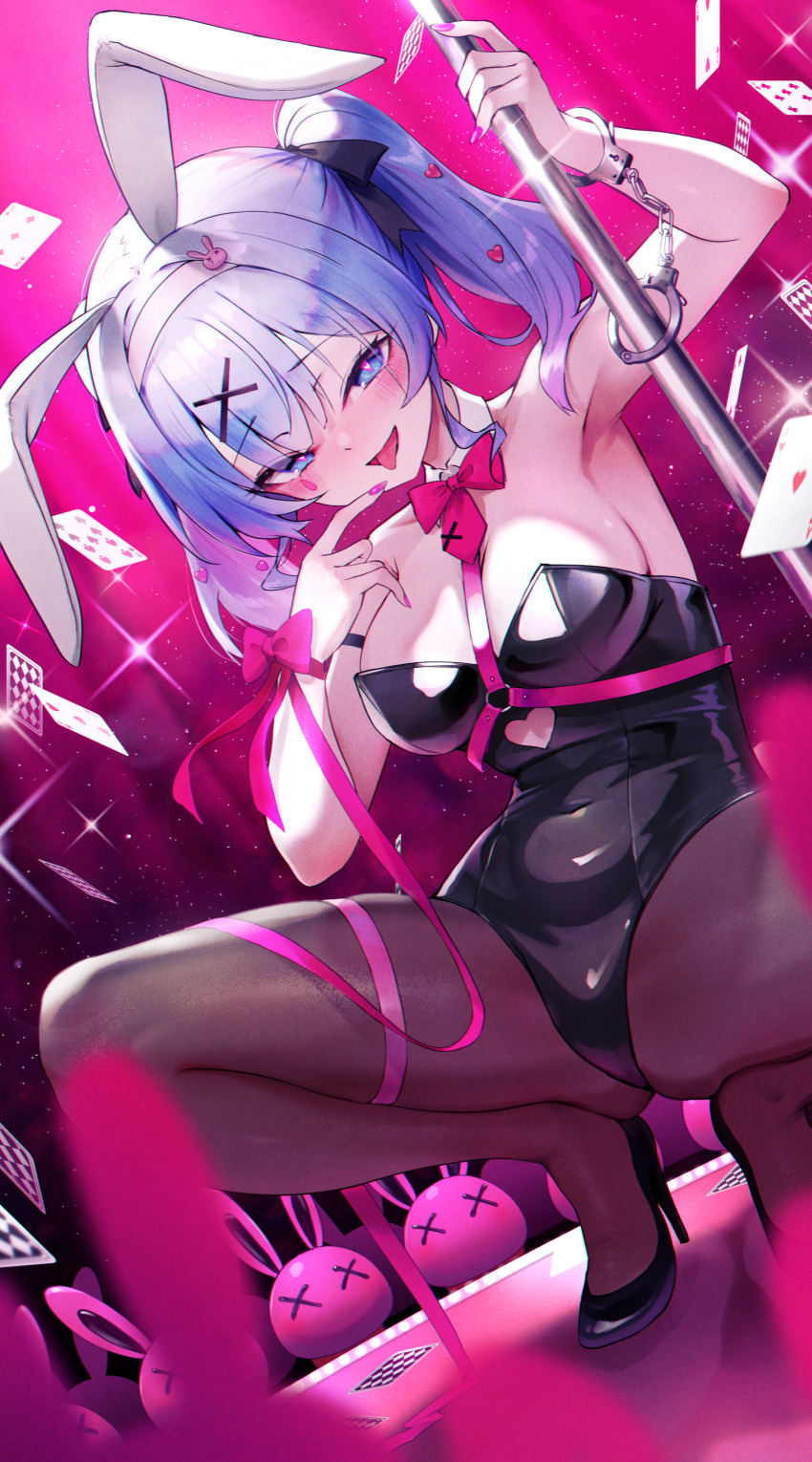 1girl :d absurdres ace_(playing_card) ace_of_hearts animal_ears arm_up armpits black_footwear black_leotard black_ribbon blue_eyes blue_hair blurry blurry_foreground bow bowtie breasts card clothing_cutout covered_navel cuffs detached_collar full_body gradient_hair hair_ornament hair_ribbon hairband hand_to_own_mouth handcuffs hatsune_miku heart heart-shaped_pupils heart_cutout heart_hair_ornament high_heels highres kai_(esugi) leotard looking_at_viewer multicolored_hair nine_of_spades open_mouth pink_bow pink_bowtie pink_hair pink_nails pink_pupils playboy_bunny playing_card pole pumps pure_pure_(rabbit_hole) rabbit_ears rabbit_hole_(vocaloid) ribbon seven_of_clubs smile squatting strapless strapless_leotard stripper_pole symbol-shaped_pupils teardrop_facial_mark three_of_diamonds three_of_hearts tongue tongue_out twintails two_of_hearts vocaloid white_hairband wrist_bow x_hair_ornament x_x