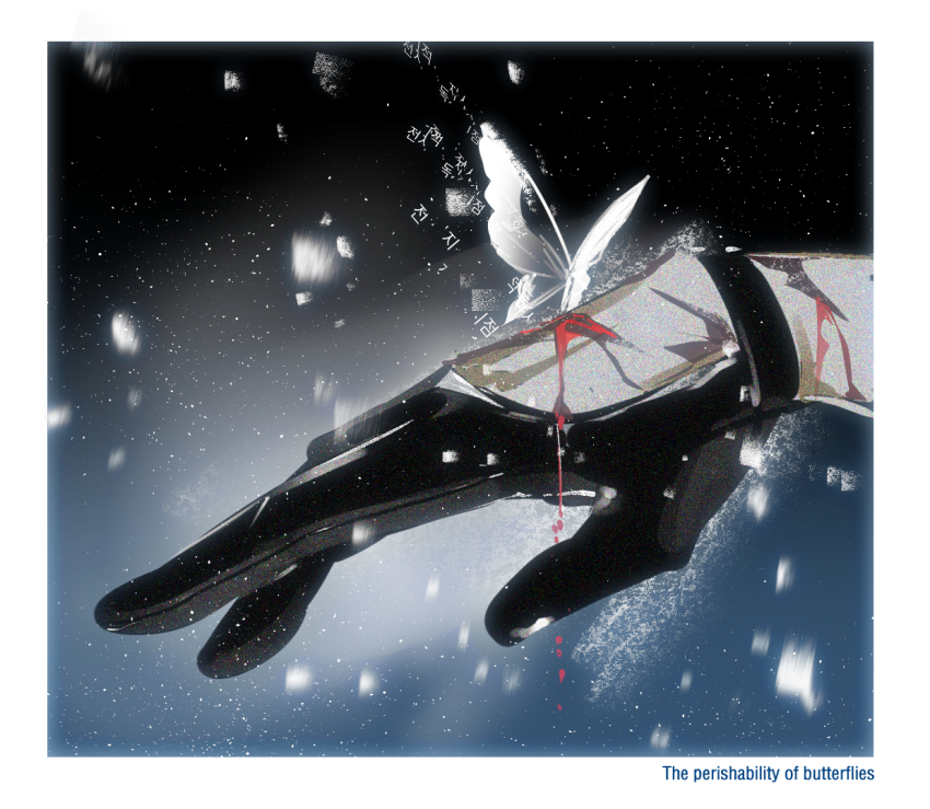 1other black_gloves bleeding blood blood_drip blood_on_hands border bug butter butterfly butterfly_on_hand food gloves glowing half_gloves hand_focus haze insect lantercat light_particles multiple_scars omniscient_reader&#039;s_viewpoint scar secretive_plotter snow solo two-tone_background white_border