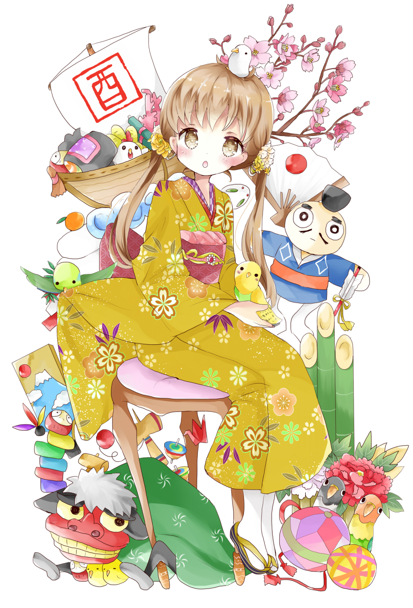 1girl :o animal animal_on_head arrow_(projectile) bad_id bad_pixiv_id ball bamboo bird bird_on_head blush branch brown_eyes canary chicken commentary_request dove female_focus floral_print flower full_body hagoita hair_flower hair_ornament hamaya hand_fan highres holding holding_animal japanese_clothes japanese_flag kagami_mochi kendama kimono light_brown_hair lion_dance long_hair long_sleeves looking_at_viewer looking_to_the_side low_twintails mallet obi on_head open_mouth origami original paddle paper_crane paper_fan print_kimono sash scroll shishimai sitting snow_rabbit socks solo spinning_top stool tabi temari_ball tsukiyo_(skymint) twintails unmoving_pattern white_socks wide_sleeves yellow_kimono