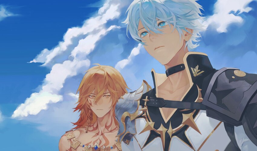 2boys armor black_choker black_shirt blonde_hair blue_eyes blue_sky braid chest_tattoo chinese_commentary chnl16031999 choker coat commentary_request facial_tattoo gold_necklace gradient_hair hair_between_eyes highres honkai:_star_rail honkai_(series) jewelry male_focus medium_hair multicolored_hair multiple_boys mydei_(honkai:_star_rail) necklace pauldrons phainon_(honkai:_star_rail) red_hair red_tattoo shirt short_hair shoulder_armor side_braid single_pauldron sky tattoo white_coat white_hair yellow_eyes