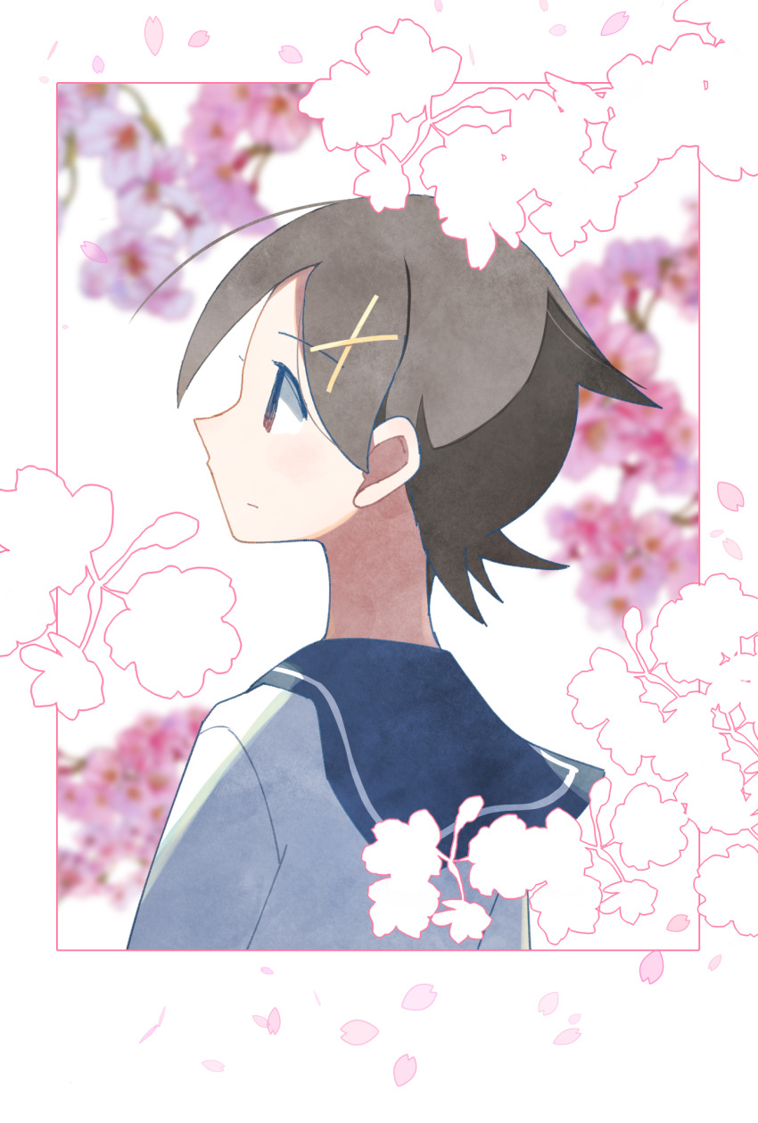 1girl black_hair blue_sailor_collar border brown_eyes cherry_blossoms closed_mouth commentary_request facing_to_the_side falling_petals from_behind fuura_kafuka hair_ornament highres outside_border petals sailor_collar sayonara_zetsubou_sensei school_uniform serafuku short_hair solo tomato_ebichiri upper_body watercolor_effect white_background white_border x_hair_ornament