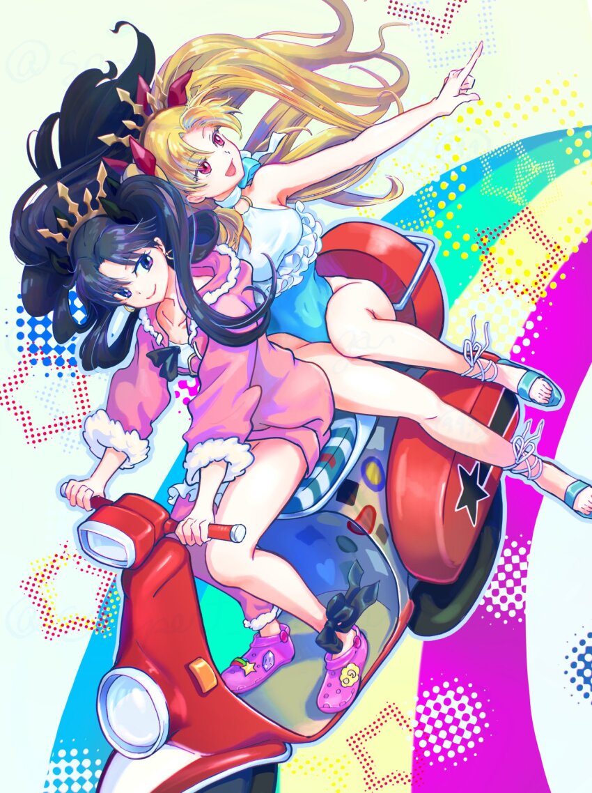2girls black_hair black_ribbon blonde_hair blue_footwear breasts closed_mouth earrings ereshkigal_(fate) fate/grand_order fate_(series) floating_hair fur-trimmed_hoodie fur_trim hair_ribbon high_heel_sandals highres hood hood_down hoodie index_finger_raised ishtar_(fate) ishtar_(swimsuit_rider)_(fate) jewelry long_hair medium_breasts motor_vehicle multiple_girls official_alternate_costume on_scooter one-piece_swimsuit open_mouth parted_bangs pink_hoodie pink_shoes pointing purple_eyes red_eyes red_ribbon ribbon riding sandals scooter serpant_nergar shoes siblings sisters sitting smile space_ereshkigal_(fate) space_ereshkigal_(first_ascension)_(fate) swimsuit toes two_side_up