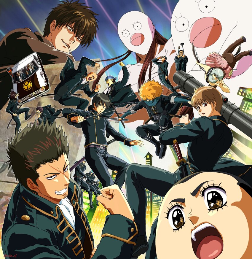 1girl 1other 6+boys afro anime_coloring bazooka_(gundam) black_hair car centaur cigarette cosplay elizabeth_(gintama) elizabeth_(gintama)_(cosplay) fake_beard fake_facial_hair gintama glasses gun harada_unosuke highres hijikata_toushirou holding holding_gun holding_sword holding_weapon kagura_(gintama) kamiyama_(gintama) katana katsura_kotarou kondou_isao kumanaku_seizou long_hair matsudaira_katakuriko military_uniform motor_vehicle multiple_boys nika_a1 okita_sougo orange_hair red_hair sakata_gintoki scar scar_on_face shimaru_saitou short_hair sword taur tetsunosuke_sasaki todou_bokosuke weapon white_hair yamazaki_sagaru