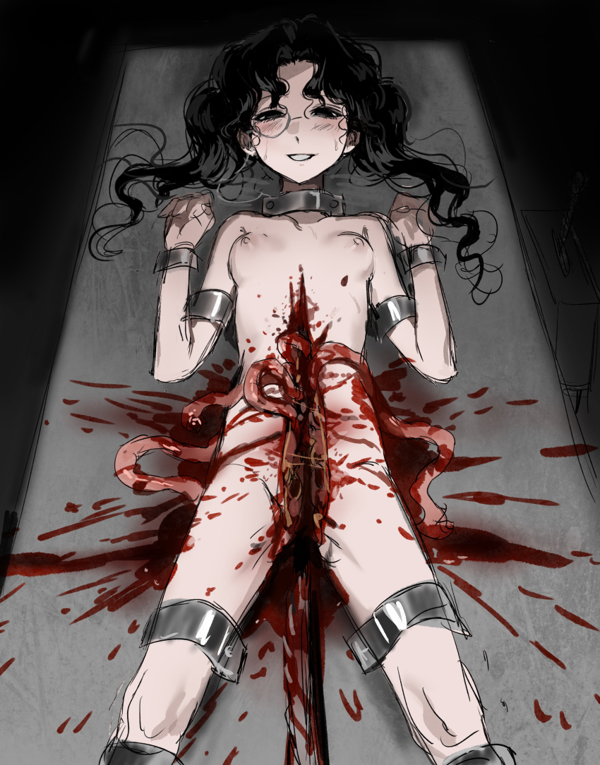 1girl absurdres amon_(lord_of_the_mysteries) black_eyes black_hair blood blush bound breasts chinese_commentary commentary_request cutting ero_guro genderswap genderswap_(mtf) guro highres intestines kikinotamai long_hair looking_at_viewer lord_of_the_mysteries lying monocle nipples nude on_back open_mouth organs parted_bangs restrained sagittal_plane_cutting sliced small_breasts solo spread_eagle_position stationary_restraints steaming_body sweat twintails