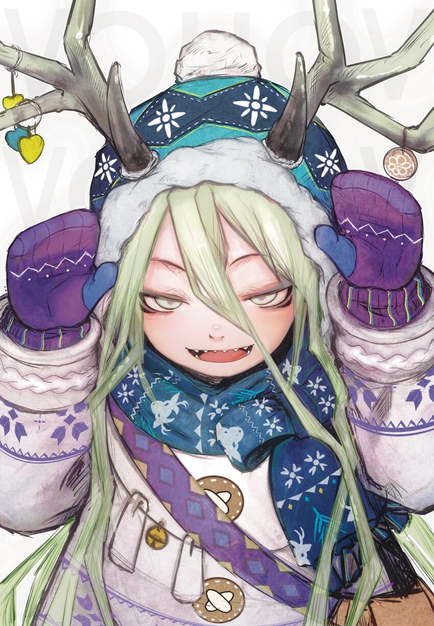 1girl absurdres antlers antlers_through_headwear blush coat commentary_request fate/grand_order fate_(series) green_hair highres horns lacker_strike_(akkira_setsu) long_hair looking_at_viewer louhi_(fate) mittens open_mouth purple_mittens scarf sharp_teeth smile solo teeth upper_body white_eyes woollen_cap