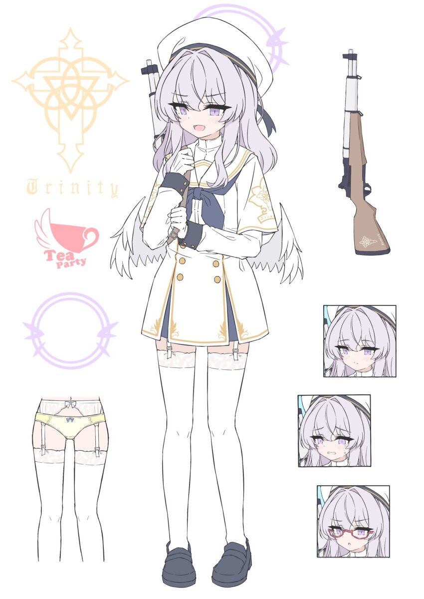 1girl beret blue_archive cosplay dress female_focus full_body garter_belt glasses gloves gun halo hat highres loafers long_hair m1_garand mizusaki_(kn27) neckerchief panties purple_eyes purple_hair red-framed_eyewear rifle shoes simple_background tea_party_militant_(blue_archive) tea_party_militant_(blue_archive)_(cosplay) thighhighs trinity_general_school_logo underwear weapon white_background white_gloves white_thighhighs wings yellow_panties zettai_ryouiki
