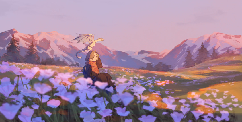 1other absurdres brown_hair dragon fir_tree flower highres meadow mountainous_horizon nature original scarf scenery sitting sky small_dragon sumi_(pixiv619693) tree
