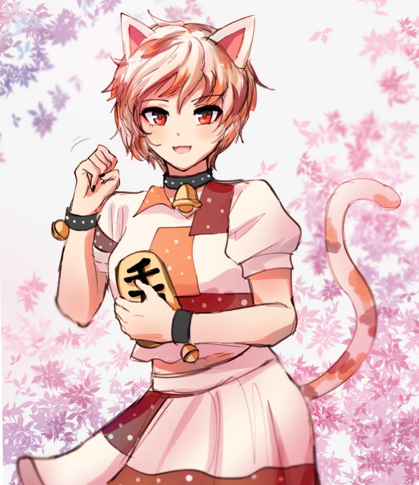 1girl animal_ears bell black_skirt brown_hair calico cat_ears cat_tail clenched_hand cowboy_shot goutokuji_mike highres holding khylimei leaf looking_at_viewer maneki-neko multicolored_hair multicolored_shirt multicolored_skirt multicolored_tail neck_bell open_mouth puffy_short_sleeves puffy_sleeves red_eyes short_hair short_sleeves skirt smile solo standing tail touhou two-tone_hair two-tone_skirt unconnected_marketeers white_background white_hair white_skirt