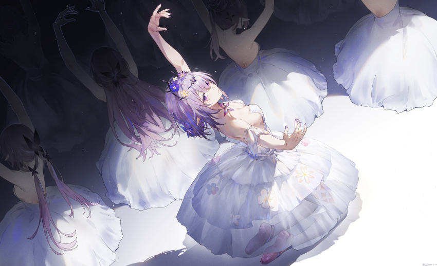 4girls absurdres alternate_costume castorice_(honkai:_star_rail) closed_mouth dancing dress highres honkai:_star_rail honkai_(series) long_hair looking_at_viewer multiple_girls pointy_ears purple_eyes purple_hair solo swkl:d white_dress