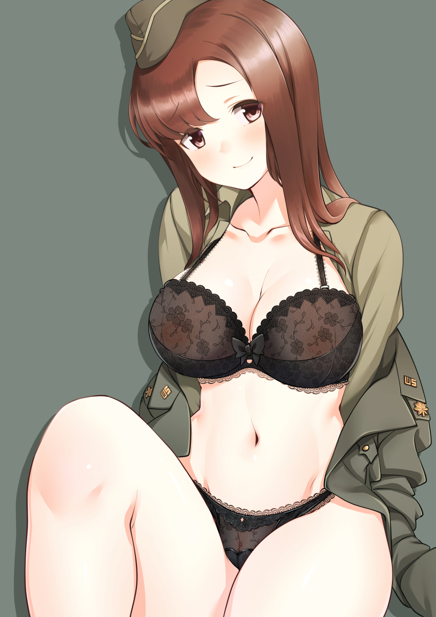 1girl a9b_(louis814) absurdres black_bra black_panties blush bra breasts cleavage collarbone covered_erect_nipples grace_maitland_steward hat highres lace lace_bra lace_panties large_breasts lingerie long_hair luminous_witches military military_uniform nipples open_clothes panties red_eyes red_hair simple_background smile solo tagme underwear united_states world_witches_series