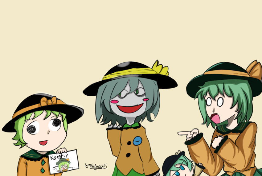 5girls bags_under_eyes black_headwear blush_stickers bow colored_skin creepy_eyes dress fumo_(doll) green_eyes green_hair green_skirt hat highres koishi_komeiji&#039;s_heart-throbbing_adventure komeiji_koishi luluco_shan multiple_girls nicetack_(style) orange_bow orange_dress pointing skirt smile surprised tan_tan_pou third_eye touhou wall-eyed white_skin