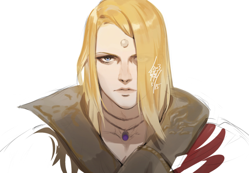 1boy blonde_hair blue_eyes closed_mouth eyes_visible_through_hair facial_mark final_fantasy final_fantasy_xiv forehead_mark garlean jewelry long_hair looking_at_viewer male_focus necklace portrait sanpaku simple_background sketch solo tsunetaka_rakurai white_background zenos_yae_galvus