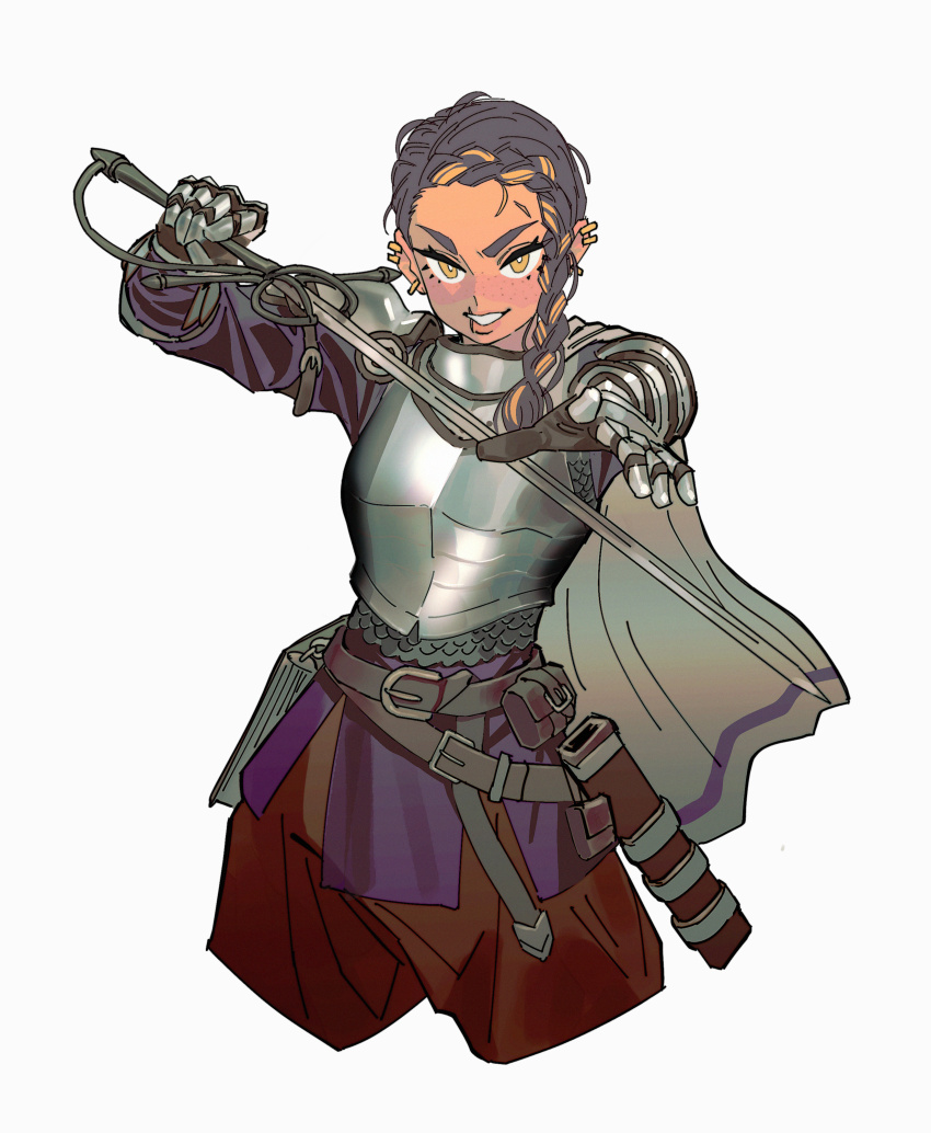 1girl absurdres armor belt belt_bag belt_buckle black_bag black_belt blonde_hair blue_skirt book braid breastplate brown_belt brown_pants buckle commentary commission cornrows cropped_legs dark-skinned_female dark_skin ear_piercing english_commentary eyelashes gauntlets gloves grey_hair hair_over_shoulder highres holding holding_sword holding_weapon knight ko-fi_commission light_blush lipstick long_hair makeup miniskirt multicolored_hair multiple_piercings open_mouth original pants pauldrons piercing pink_lips sheath shoulder_armor showgirl_skirt simple_background single_braid skirt smile solo somersaultdropkick streaked_hair sword teeth thick_eyebrows weapon white_background white_gloves yellow_eyes