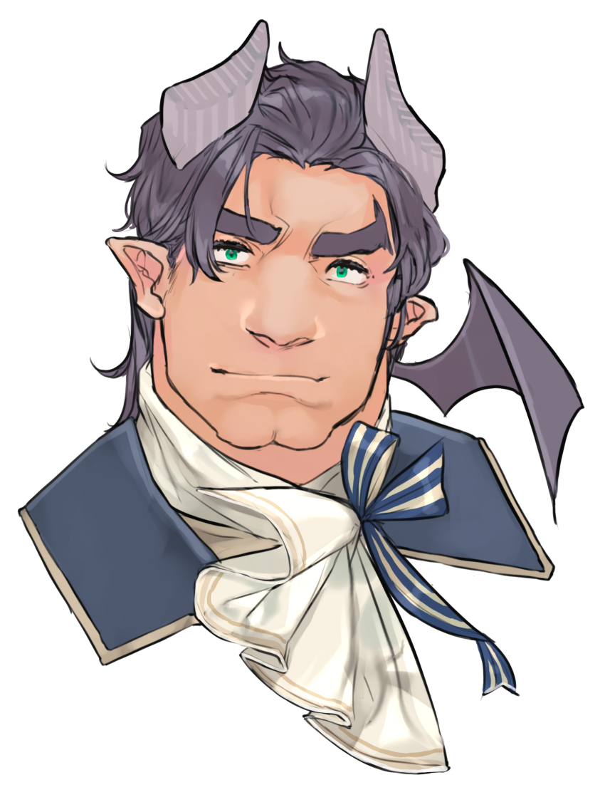 1boy bara bat_wings bow cleft_chin closed_mouth collar demon_horns formal_clothes gold_trim green_eyes highres horns light_smile looking_at_viewer lucifuge_(housamo) male_focus muscular muscular_male pointy_ears portrait purple_hair shiratori_yokikana short_hair solo thick_eyebrows tokyo_houkago_summoners white_background wings