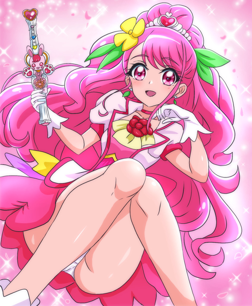 1girl blush boots commentary_request cure_grace dress earrings flower gloves hair_flower hair_ornament hanadera_nodoka healin&#039;_good_precure highres holding jacket jewelry leaf_earrings leaf_hair_ornament long_hair magical_girl manga_sakuga_(precure) open_clothes open_jacket open_mouth paid_reward_available panties pink_dress pink_eyes pink_hair pink_jacket ponytail precure puffy_short_sleeves puffy_sleeves rabirin_(precure) short_sleeves solo underwear white_boots white_gloves white_panties