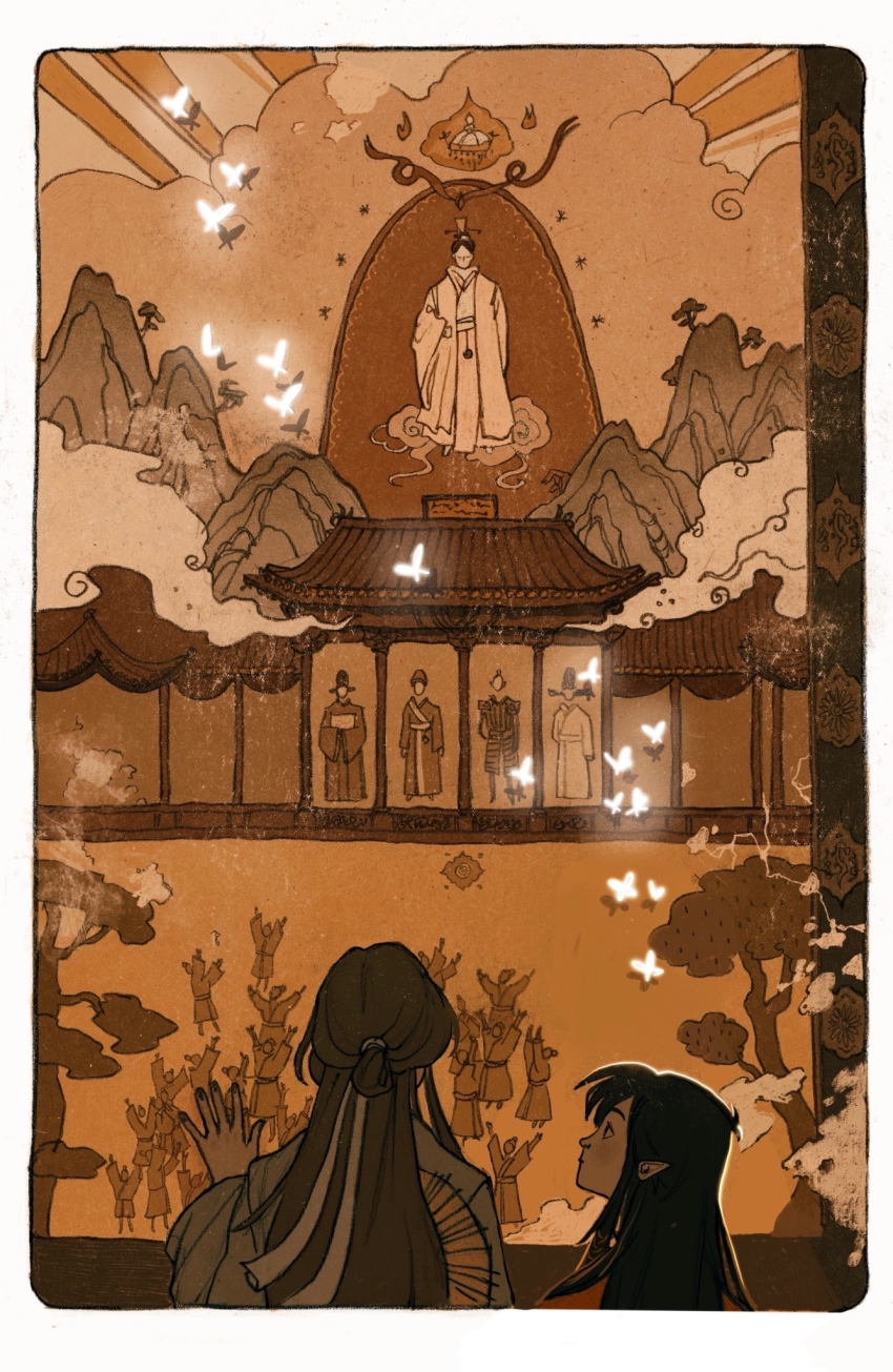 2boys above_clouds aged_down analogous_colors black_hair border brown_hair bug butterfly child chinese_clothes cloud floating from_behind glowing_butterfly hair_bun hair_ribbon halo hanfu hat hat_on_back heaven highres hua_cheng insect light_rays long_hair long_sleeves male_focus mountain multiple_boys mural orange_theme people pointy_ears red_hanfu ribbon rice_hat rounded_corners russian_commentary single_hair_bun sky tianguan_cifu warm_colored white_border white_butterfly white_hanfu white_ribbon wide_sleeves xie_lian yaroslava_murashko