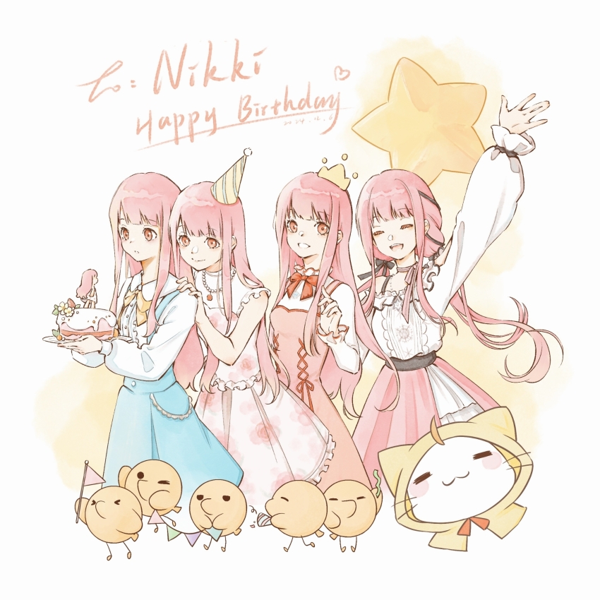 4girls =_= ^_^ animal arms_up bare_arms bare_shoulders bead_necklace beads belt bird birthday birthday_cake black_belt black_bow black_ribbon blue_dress blunt_bangs blush_stickers bow bow_choker bowtie brown_eyes buttons cake capelet cat center_frills character_name chick chinese_commentary choker closed_eyes clothed_animal collared_shirt commentary_request cropped_legs cross-laced_clothes cross-laced_dress crown dated dot_nose dress dress_ribbon dress_shirt english_text eyelashes floral_print food frilled_dress frilled_shirt frilled_sleeves frills garland_(decoration) glowing hair_bow hair_ribbon hand_on_another&#039;s_shoulder happy happy_birthday hat highres holding holding_plate hood hood_up hooded_capelet infinity_nikki jewelry layered_skirt long_hair long_sleeves looking_at_food low_twintails miracle_nikki momo_(nikki) multiple_girls necklace nikki_(nikki) nikki_(series) nikki_up2u nikki_up2u2:_world_traveller off-shoulder_shirt off_shoulder open_mouth palms parted_lips party_hat party_popper pinafore_dress pink_bow pink_bowtie pink_choker pink_dress pink_hair pink_skirt plate pleated_skirt pom_pom_(clothes) puffy_long_sleeves puffy_sleeves qianyimuthyimu red_bow red_bowtie red_ribbon ribbon rose_print shining_nikki shirt short_dress sidelocks single_stripe skirt sleeveless sleeveless_dress sleeves_past_wrists snowflake_necklace snowflakes star_(symbol) straight_hair striped_bow striped_bowtie striped_choker striped_clothes striped_headwear tareme teeth time_paradox tress_ribbon twintails upper_teeth_only very_long_hair wavy_hair whiskers white_background white_cat white_shirt white_skirt yellow_bow yellow_bowtie yellow_capelet yellow_hat