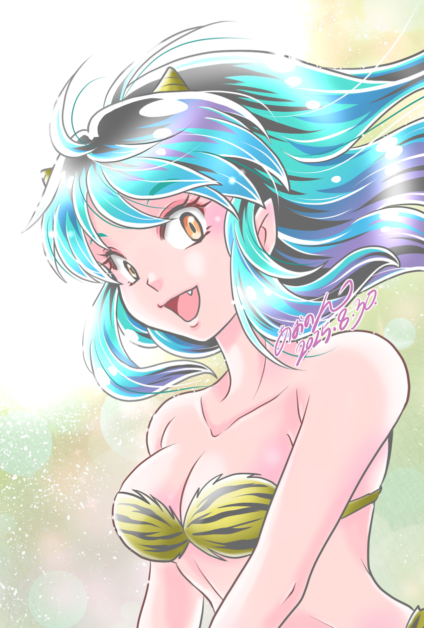 1girl 2025 :d animal_print aononmi bare_arms blue_hair bra collarbone dated fang floating_hair highres horns long_hair lum multicolored_hair open_mouth orange_eyes pointy_ears signature smile solo strapless strapless_bra striped_bra striped_clothes tiger_print tiger_stripes underwear upper_body urusei_yatsura yellow_bra