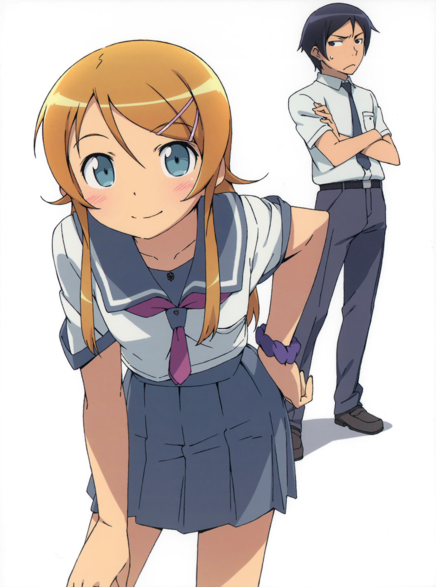 1boy 1girl absurdres belt black_belt black_hair black_shoes blonde_hair blue_sailor_collar blue_skirt blush brother_and_sister collarbone crossed_arms hair_ornament hand_on_own_hip highres kanzaki_hiro kousaka_kirino kousaka_kirino&#039;s_school_uniform kousaka_kyousuke long_hair looking_at_viewer official_art ore_no_imouto_ga_konna_ni_kawaii_wake_ga_nai pants pleated_skirt sailor_collar school_uniform shadow shirt shoes short_hair siblings simple_background skirt white_background white_shirt