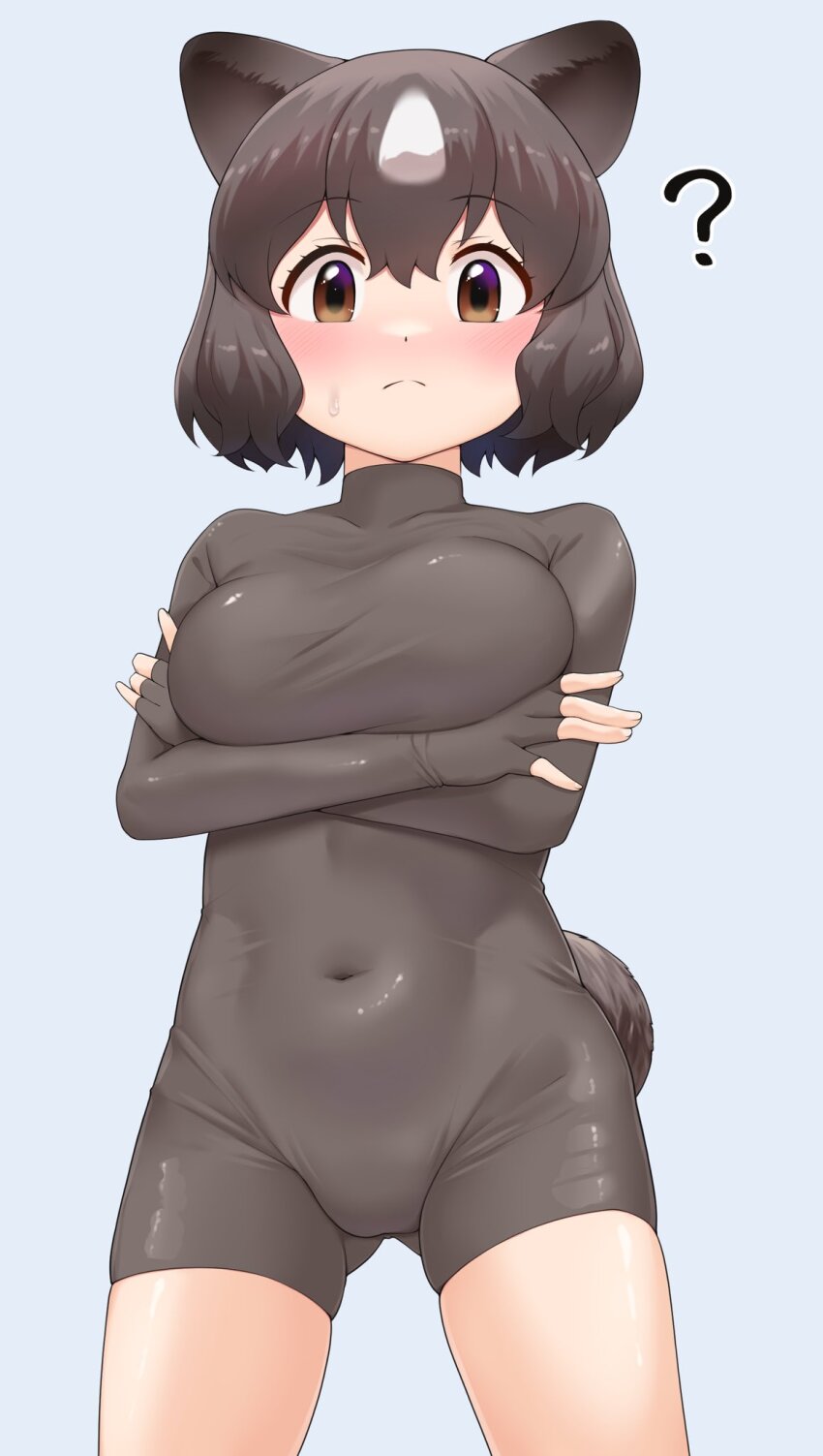 1girl ? animal_ears arms_under_breasts bear_ears bear_girl bear_tail black_hair blush bodystocking bodystocking_only breasts brown_bear_(kemono_friends) brown_hair closed_mouth covered_navel cowboy_shot crossed_arms grey_background hair_between_eyes highres kemono_friends legs_apart looking_at_viewer medium_breasts multicolored_hair short_hair simple_background skin_tight skindentation solo tail taut_bodystocking taut_clothes turtleneck two-tone_hair us_shirok white_hair