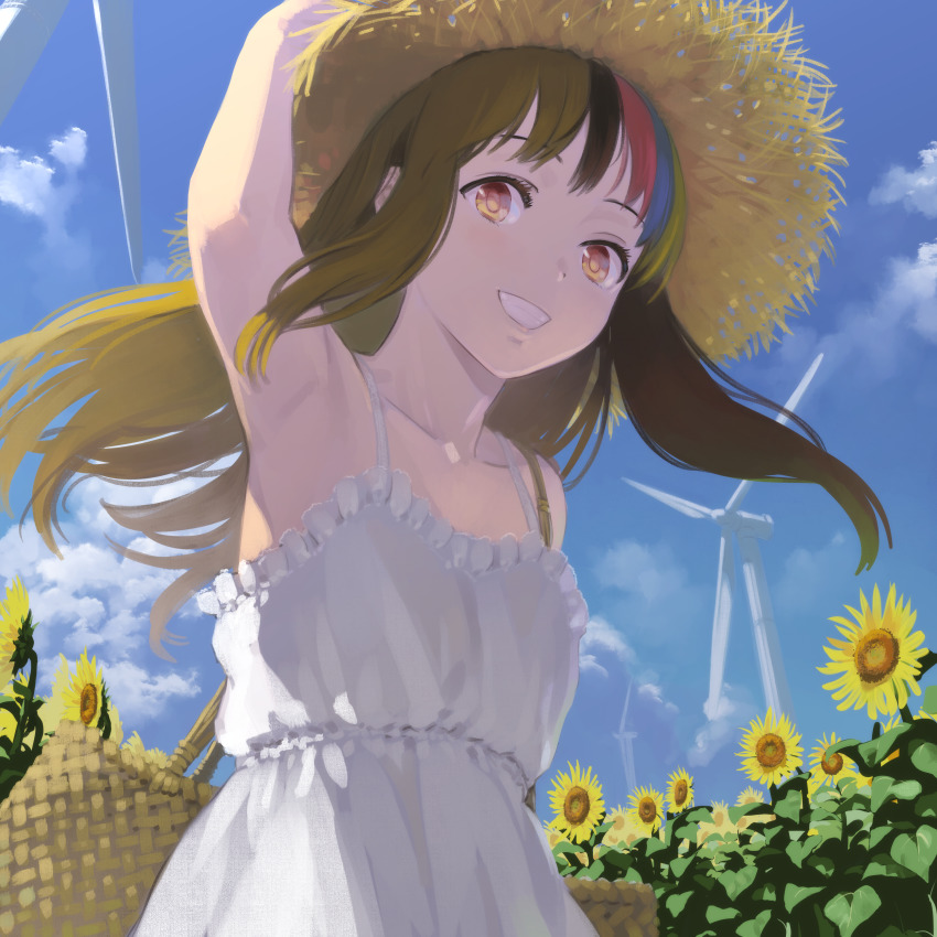 1girl absurdres arm_up armpits bag basket brown_eyes brown_hair cloud commentary day dress field flower flower_field frilled_dress frills from_below galaco galaco_(neo) grin hand_on_headwear hat highres huge_filesize long_hair looking_at_viewer mixed-language_commentary multicolored_hair outdoors shoulder_bag sky smile solo spaghetti_strap straw_hat streaked_hair sun_hat sundress sunflower sunflower_field tarokazu upper_body vocaloid white_dress wind_turbine windmill