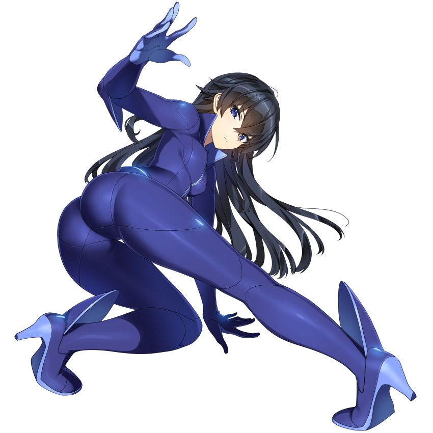 1girl arm_up ass ass_focus black_hair blue_bodysuit blue_eyes blue_wetsuit bodysuit boots breasts crossed_bangs dolphin_wave game_cg hagane_otsuki hand_on_floor high_heel_boots high_heels highres light_frown long_hair looking_at_viewer looking_back non-web_source official_alternate_costume official_art on_one_knee ootomo_takuji small_breasts solo transparent_background