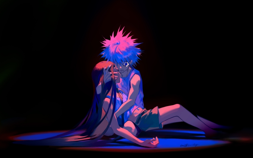 2boys bare_arms bare_shoulders barefoot belt black_background black_shorts blue_eyes blue_hair blurry depth_of_field dying eyelashes closed_eyes facing_another frown full_body gon_freecss green_shorts hand_in_another&#039;s_hair hand_on_another&#039;s_head hand_up highres hug hunter_x_hunter killua_zoldyck long_hair lying_on_person male_focus midriff multicolored_hair multiple_boys navel one_eye_covered pink_hair reclining seiza shirt short_hair shorts simple_background sitting sleeveless spiked_hair spotlight straight_hair tank_top tearing_up torn_clothes torn_shirt torn_tank_top twitter_username two-tone_hair unconscious valley_(valley-g) very_long_hair wide-eyed