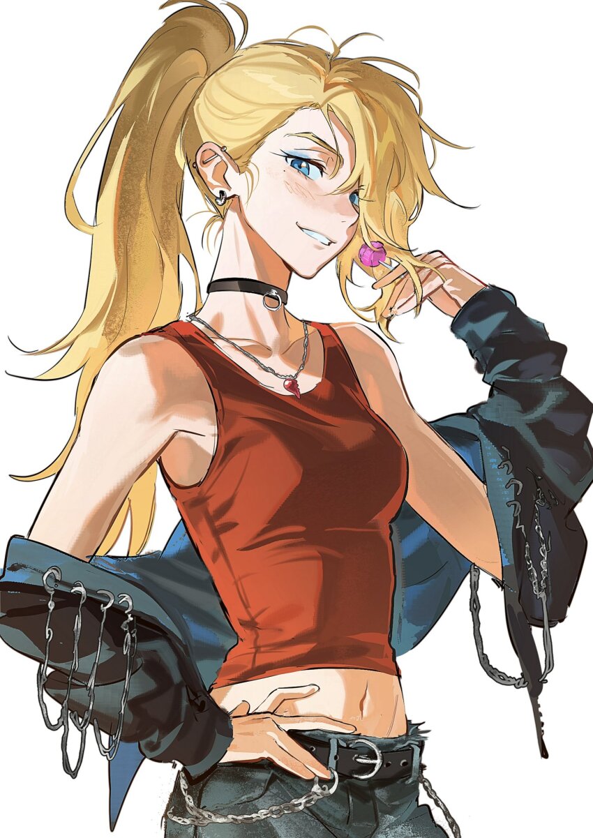 1girl alternate_costume amphibia blonde_hair blue_eyes blue_eyeshadow candy chain choker collarbone denim ear_piercing earrings eyeshadow food high_ponytail highres holding holding_candy holding_food holding_lollipop jewelry jocy3 lollipop long_hair looking_at_viewer makeup midriff navel necklace off_shoulder piercing ponytail sasha_waybright smile tank_top