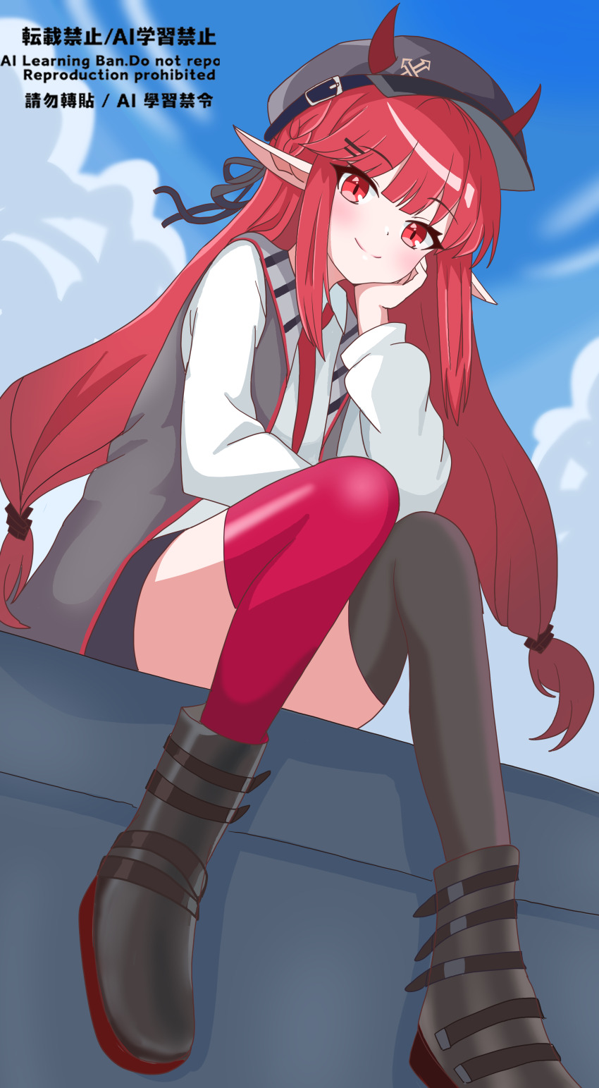 1girl absurdres arknights asymmetrical_legwear black_hat black_thighhighs blush closed_mouth commentary_request eggplant7217 from_below full_body grey_vest hair_ornament hairclip hat head_rest highres horns horns_through_headwear knees_together_feet_apart long_hair long_sleeves looking_at_viewer mismatched_legwear pink_thighhighs pointy_ears red_eyes red_hair red_horns sitting smile solo thighhighs vest vigna_(arknights) watermark