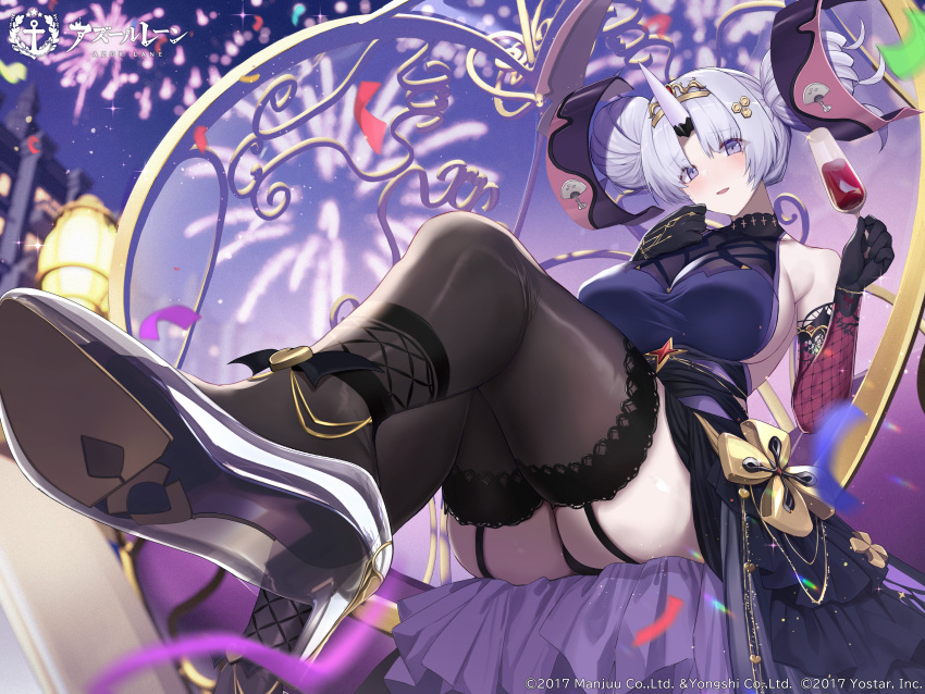 1girl absurdres aerial_fireworks azur_lane bare_shoulders black_gloves black_panties black_thighhighs blush breasts carriage copyright_name copyright_notice cup double_bun drinking_glass elbow_gloves fireworks from_below gloves grey_hair hair_bun hair_ornament high_heels highres holding holding_cup horns large_breasts looking_at_viewer night night_sky official_alternate_costume official_art open_mouth panties purple_eyes second-party_source sideboob single_horn sitting sky solo thighhighs see-through_footwear underwear untue watarase_(azur_lane) watarase_(garments_of_everlasting_magic)_(azur_lane) white_horns