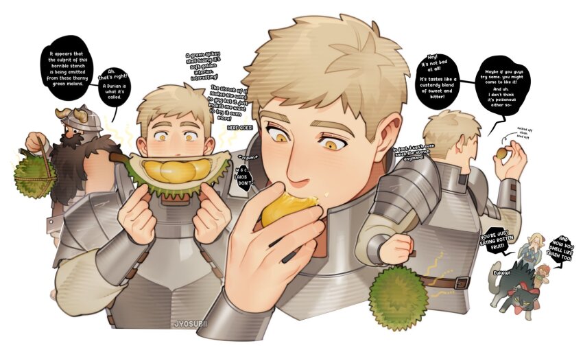 1girl 3boys 700hash animal animalization armor artist_name beard blonde_hair bracer cat chilchuck_tims commentary dungeon_meshi durian dwarf eating english_commentary english_text facial_hair fake_horns food fruit full_beard hand_up helmet highres holding holding_food holding_fruit horned_helmet horns izutsumi laios_touden long_beard long_sleeves looking_at_food marcille_donato multiple_boys pauldrons senshi_(dungeon_meshi) short_hair shoulder_armor speech_bubble very_short_hair watermark yellow_eyes