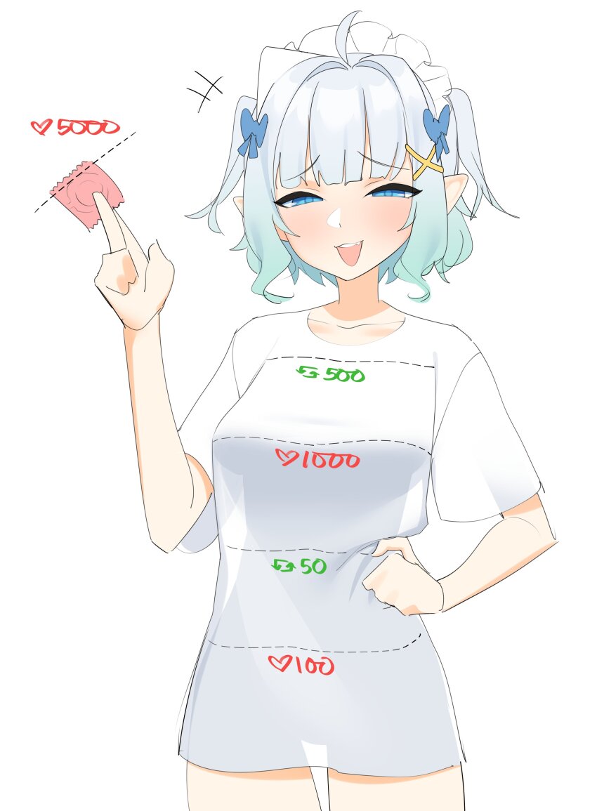 1girl absurdres ahoge blue_bow blue_eyes blush bow breasts commentary condom condom_wrapper cowboy_shot cut-here_line english_commentary gradient_hair green_hair grey_hair hair_bow hair_ornament half-closed_eyes hand_on_own_hip highres holding holding_condom indie_virtual_youtuber kijikoru looking_at_viewer maid_headdress medium_breasts mint_fantome multicolored_hair open_mouth pointy_ears see-through_clothes see-through_shirt shirt short_hair short_sleeves simple_background smile solo twitter_cutting_game white_background white_shirt x_hair_ornament