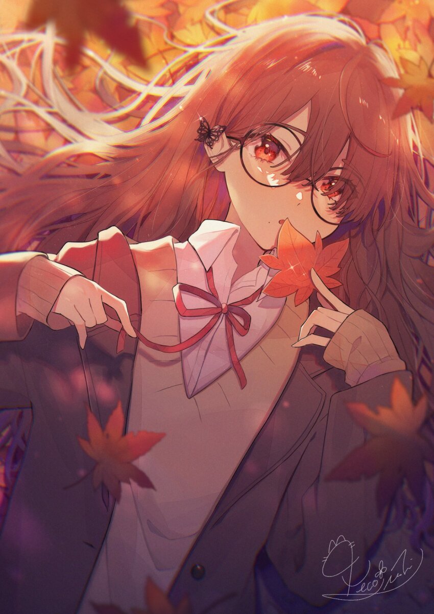 1girl autumn_leaves between_fingers brown_hair brown_jacket brown_sweater bug butterfly butterfly_on_ear collared_shirt dappled_sunlight eyes_visible_through_hair glasses hair_between_eyes hair_spread_out hand_up highres holding holding_leaf holding_ribbon insect jacket lapels layered_clothes leaf leaf_background long_hair long_sleeves looking_at_viewer lying maple_leaf monarch_butterfly neck_ribbon necojishi notched_lapels on_back open_collar open_mouth orange_butterfly original parted_lips red_eyes red_ribbon ribbon round_eyewear shirt signature sleeves_past_wrists solo sunlight sweater upper_body v-neck white_shirt wing_collar