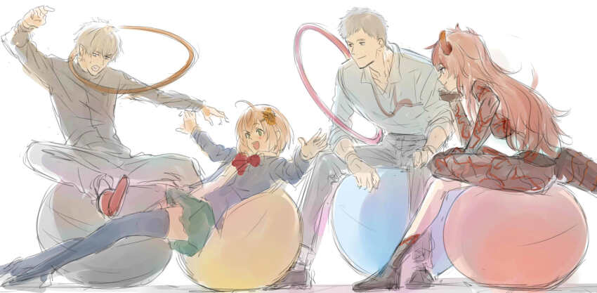 2boys 2girls ahoge arm_up balancing ball black_jacket blue_jacket blue_shirt blue_thighhighs bow bowtie brown_tail clenched_teeth closed_mouth collared_shirt commentary dokuzuhonsha dola_(1st_costume)_(nijisanji) dola_(nijisanji) dragon_girl dragon_horns dragon_tail elbow_rest exercise_ball flower green_eyes green_skirt grey_hair grey_pants grey_shoes hair_flower hair_ornament hand_on_own_chin head_rest highres honma_himawari honma_himawari_(1st_costume) hoop horns hula_hoop isshiki_(ffmania7) jacket kuzuha_(1st_costume)_(nijisanji) kuzuha_(nijisanji) long_hair long_sleeves looking_at_another looking_down lying_on_ball miniskirt multiple_boys multiple_girls nijisanji open_clothes open_jacket open_mouth orange_hair outstretched_arms pants pointy_ears red_bow red_bowtie red_hair red_horns red_shoes shirt shoes short_hair simple_background sitting sitting_on_ball sketch skirt sleeves_rolled_up smile sunflower sunflower_hair_ornament symbol-only_commentary tail teeth thighhighs upper_teeth_only very_long_hair very_short_hair virtual_youtuber white_background white_shirt yashiro_kizuku yashiro_kizuku_(1st_costume) zettai_ryouiki