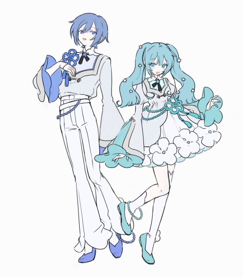 1boy 1girl :d aqua_eyes aqua_hair aqua_shoes blue_eyes blue_hair blue_shirt blue_shoes commentary_request dress foot_up hatsune_miku highres kaito_(vocaloid) mo_chi_ro open_mouth pants shirt shoes short_hair simple_background single_sock single_thighhigh smile socks tassel thighhighs vocaloid white_background white_dress white_pants white_socks white_thighhighs wide_sleeves