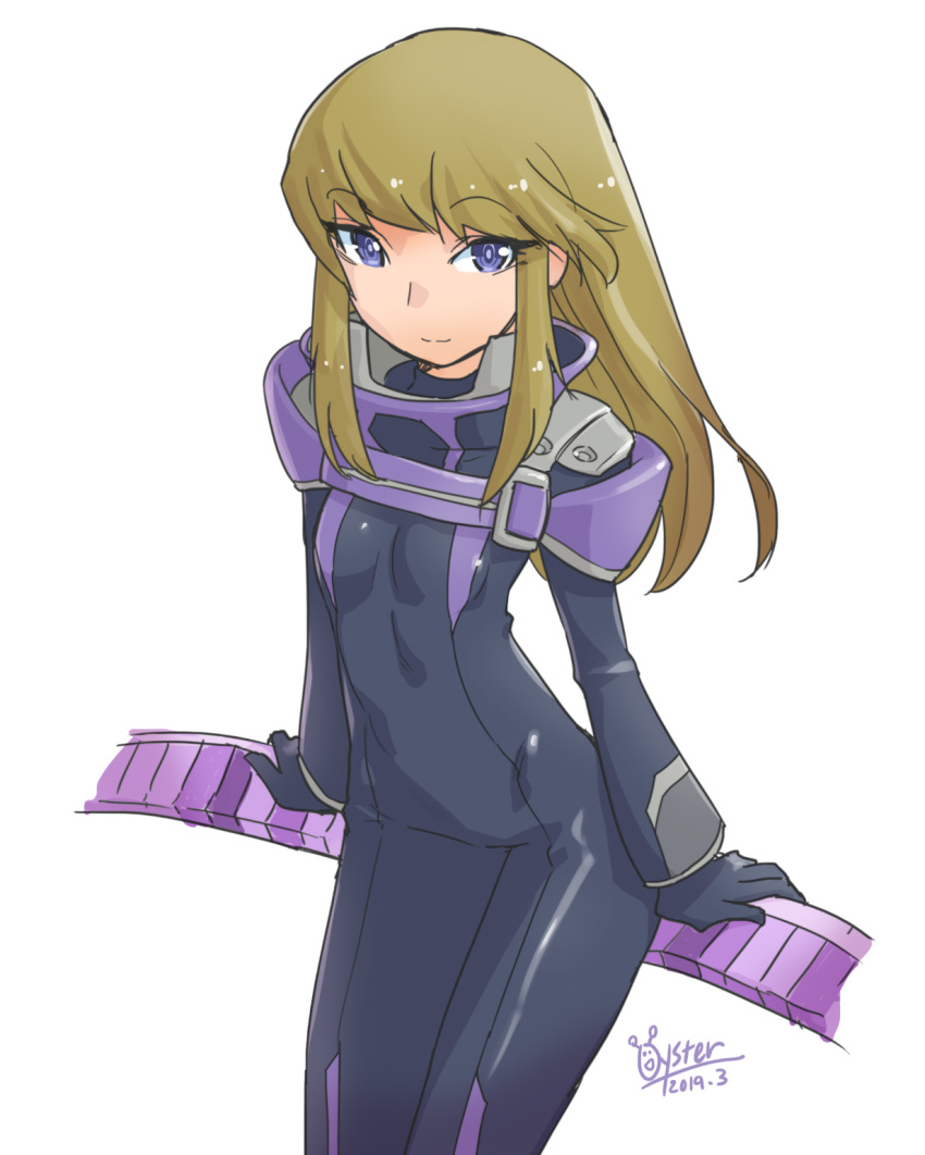 1girl blue_eyes bodysuit breasts brown_hair closed_mouth gloves highres kugimiya_kei long_hair looking_at_viewer majestic_prince oyster_(artist) pilot_suit simple_background skin_tight smile solo white_background