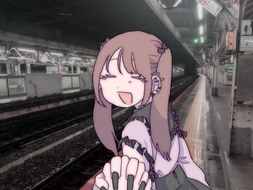 1girl absurdres black_nails black_ribbon black_trim brown_hair closed_eyes commentary ear_piercing earrings facing_viewer fake_nails frills hair_ribbon highres japan jewelry jirai_kei kamisillust long_sleeves medium_hair open_mouth original photo_background piercing pink_shirt pov pov_hands real_world_location ribbon shirt shirt_tucked_in smile twintails upper_body