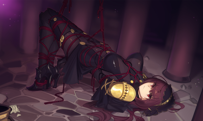 1girl bdsm bondage boots bound breasts cad_(caddo) commission fate/grand_order fate_(series) high_heel_boots high_heels highres long_hair looking_at_viewer lying purple_hair red_eyes restrained scathach_(fate) shibari solo