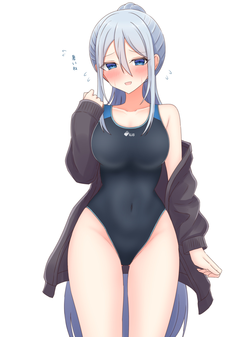 1girl absurdres black_one-piece_swimsuit blue_eyes blush brown_jacket flying_sweatdrops grey_hair hair_between_eyes highleg highleg_one-piece_swimsuit highres jacket jacket_partially_removed long_hair looking_at_viewer masurao19 one-piece_swimsuit open_mouth ponytail project_sekai simple_background solo swimsuit white_background yoisaki_kanade