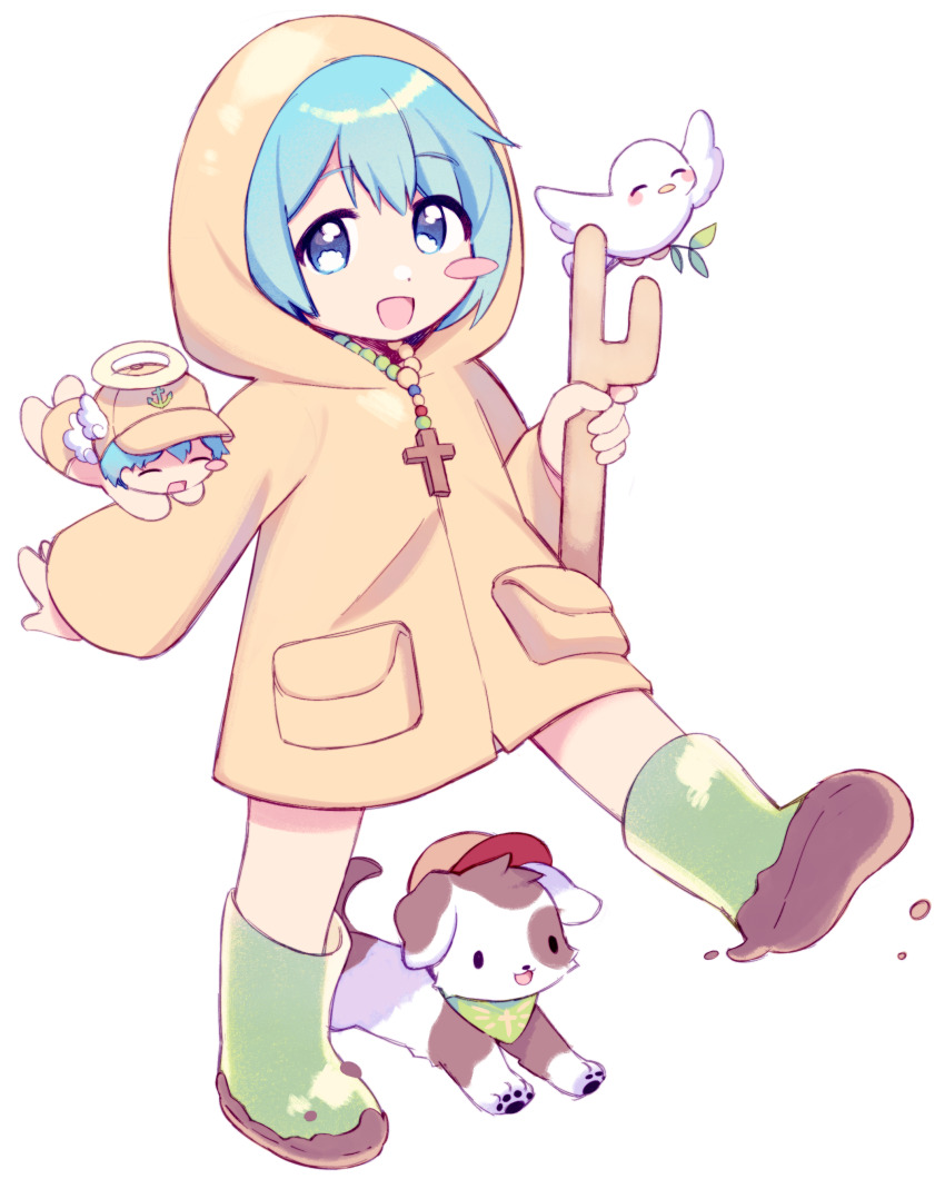 1boy 1girl :d ^_^ absurdres angel angel_wings animal aura_(jubilee_2025) baseball_cap bird blue_eyes blue_hair blush_stickers boots cane chibi closed_eyes cross dirty_footwear dog dot_nose dove flying full_body green_boots halo hat highres holding holding_cane hood hood_up iubi_(jubilee_2025) jubilee_2025 lisa_(faeuna) long_sleeves looking_at_viewer luce_(jubilee_2025) mud no_nose open_mouth pocket raincoat rosary rubber_boots santino_(jubilee_2025) short_hair simple_background smile tareme walking white_background white_bird winged_hat wings yellow_raincoat