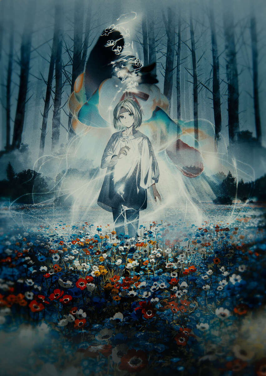 1other absurdres androgynous blurry chromatic_aberration field film_grain flower flower_field forest grey_eyes highres light_smile mole mole_under_eye nature original other_focus pants shirt smile solo spirit syo5 vignetting white_hair white_pants white_shirt
