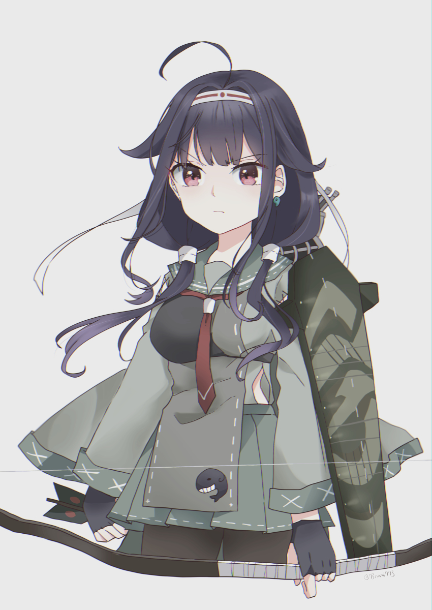 1girl absurdres arrow_(projectile) black_gloves bow_(weapon) camouflage cowboy_shot earrings fingerless_gloves flight_deck gloves hair_flaps hairband highres holding holding_bow_(weapon) holding_weapon jewelry kantai_collection low_twintails magatama magatama_earrings muneate nami_nami_(belphegor-5812) necktie purple_hair red_eyes red_necktie ryuuhou_(kancolle) ryuuhou_kai_ni_(kancolle) solo taigei_(kancolle) twintails weapon yumi_(bow)