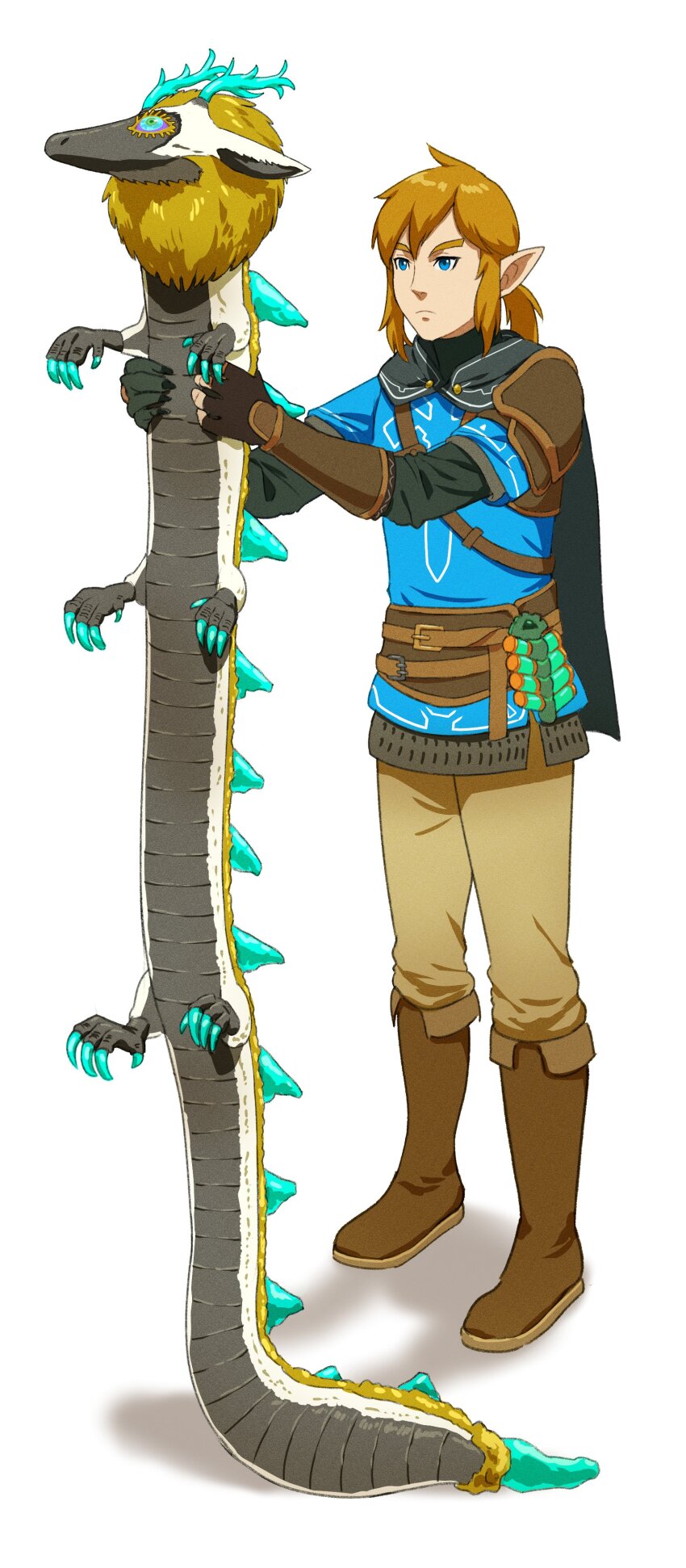 1boy absurdres belt black_cape blue_shirt brown_belt brown_footwear brown_gloves brown_pants cape dragon fingerless_gloves francisco_mon full_body gloves highres holding layered_sleeves light_dragon_(zelda) link long_hair long_sleeves longcat_(meme) male_focus meme nintendo pants pointy_ears ponytail shirt short_over_long_sleeves short_sleeves sidelocks standing the_legend_of_zelda the_legend_of_zelda:_tears_of_the_kingdom