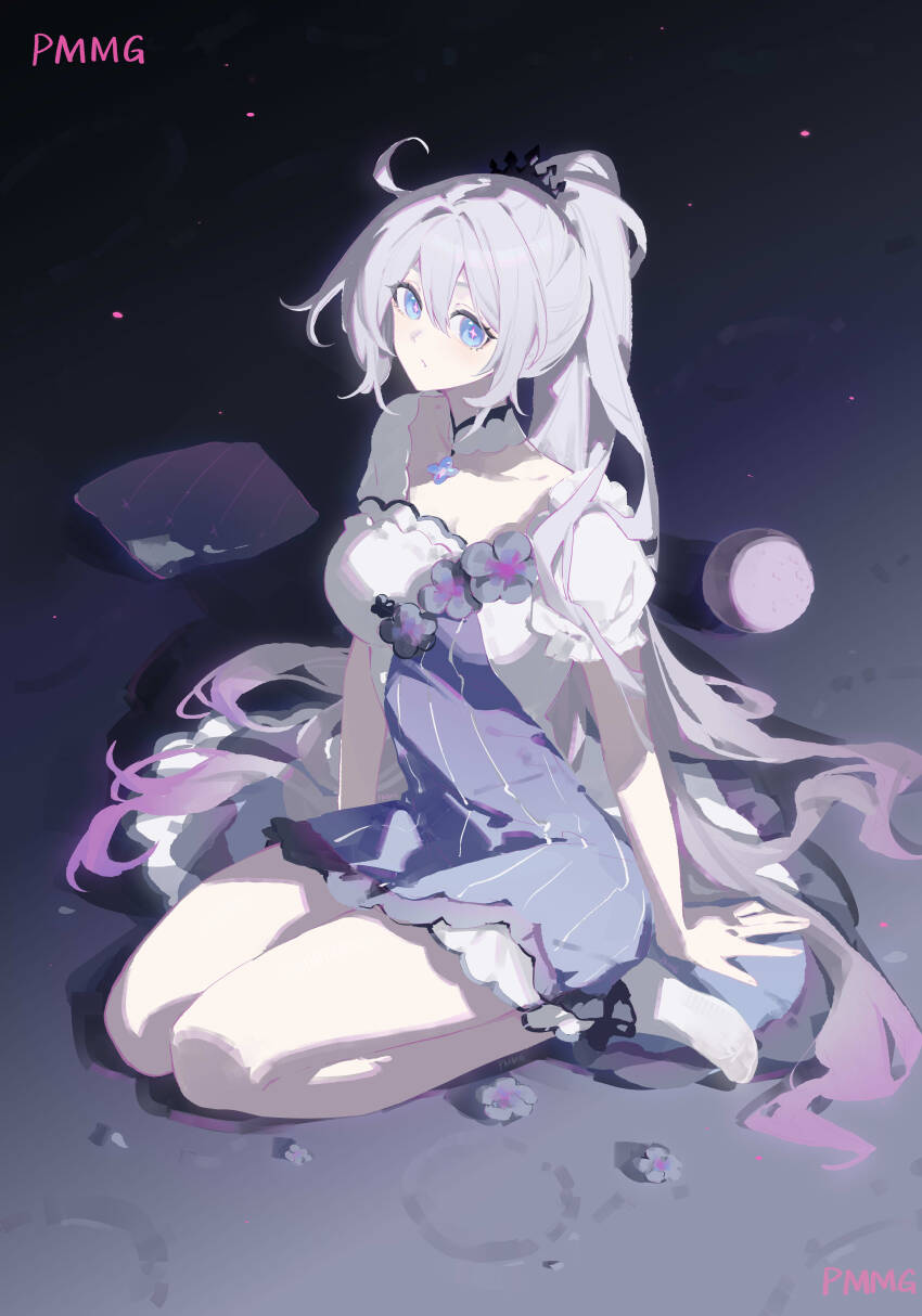 1girl absurdres ahoge artist_name blue_eyes chinese_commentary collarbone commentary_request detached_collar dress gradient_hair high_ponytail highres honkai_(series) honkai_impact_3rd kiana_kaslana kiana_kaslana_(herrscher_of_finality) long_hair looking_at_viewer multicolored_hair pmg ponytail puffy_short_sleeves puffy_sleeves purple_hair short_sleeves sitting solo star-shaped_pupils star_(symbol) symbol-shaped_pupils two-tone_hair very_long_hair wariza white_hair