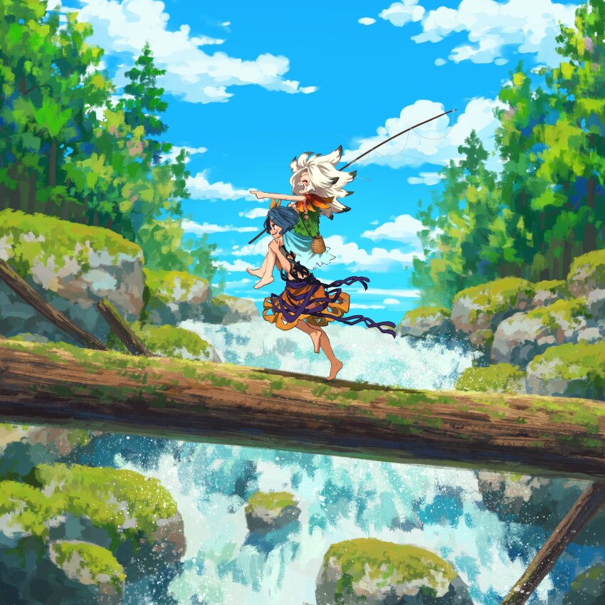 2girls absurdres barefoot blue_hair blue_sky carrying carrying_person chirizuka_ubame closed_eyes cloud day facial_mark fishing_rod forehead_mark grey_hair highres holding holding_fishing_rod houjuu_chimi leaf_shirt long_hair multiple_girls open_mouth orange_skirt outdoors pointing shoulder_carry skirt sky smile suteruko touhou tree water waterfall