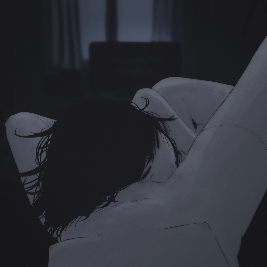 2girls black_hair blurry blurry_background breasts cleft_of_venus closed_eyes curtains female_pov highres lena_miaou messy_hair multiple_girls night niku_(lena_miaou) nipples original pov pubic_hair pussy sleeping small_breasts spread_legs stitches television window yuri