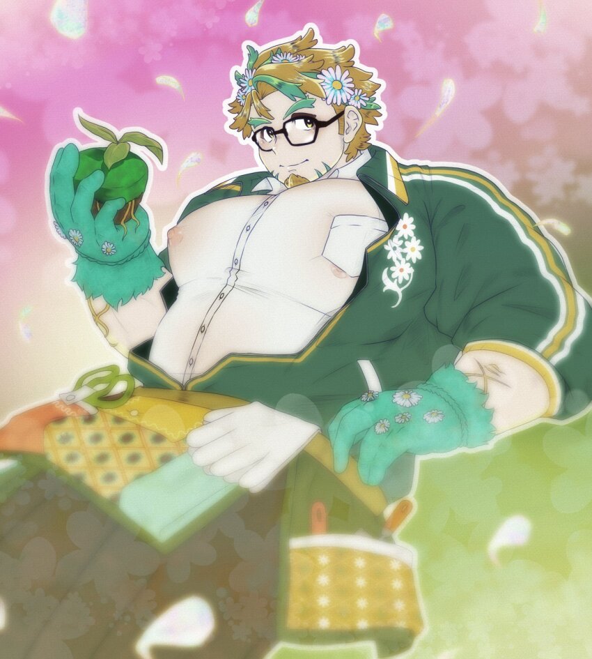 1boy bara belly bi_tch_golli covered_erect_nipples cowboy_shot facial_hair farmer fat fat_man flower glasses goatee gradient_background green_hair hair_flower hair_ornament highres hippolytus_(housamo) holding holding_plate large_pectorals light_brown_hair male_focus multicolored_hair pectorals pelvic_curtain plant plate potted_plant puffy_chest see-through_clothes shirt short_hair sideburns_stubble smile solo streaked_hair stubble thick_eyebrows tokyo_houkago_summoners two-tone_beard wet wet_clothes wet_shirt