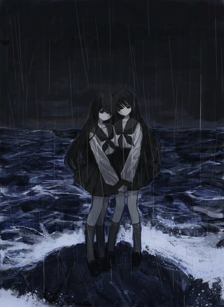 2girls absurdres black_eyes black_hair black_neckerchief black_sailor_collar black_skirt expressionless grey_socks highres holding_hands horizon kneehighs loafers long_hair multiple_girls neckerchief night noroi_(rnatataki) ocean original overcast pale_skin pleated_skirt rain rock sailor_collar school_uniform serafuku shirt shoes skirt sky socks standing storm stormy_waters swept_bangs waves white_shirt wind wind_lift