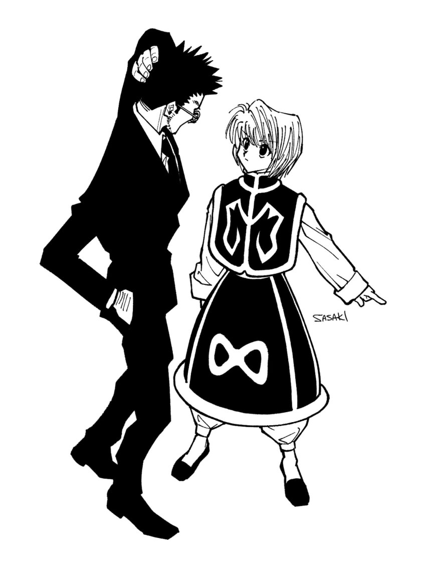 2boys arm_behind_head black_shoes black_suit formal_clothes full_body greyscale highres hunter_x_hunter kurapika leorio_paladiknight long_sleeves looking_at_another male_focus monochrome multiple_boys necktie round_eyewear sasaki_koguma shoes short_hair simple_background standing suit tabard white_background